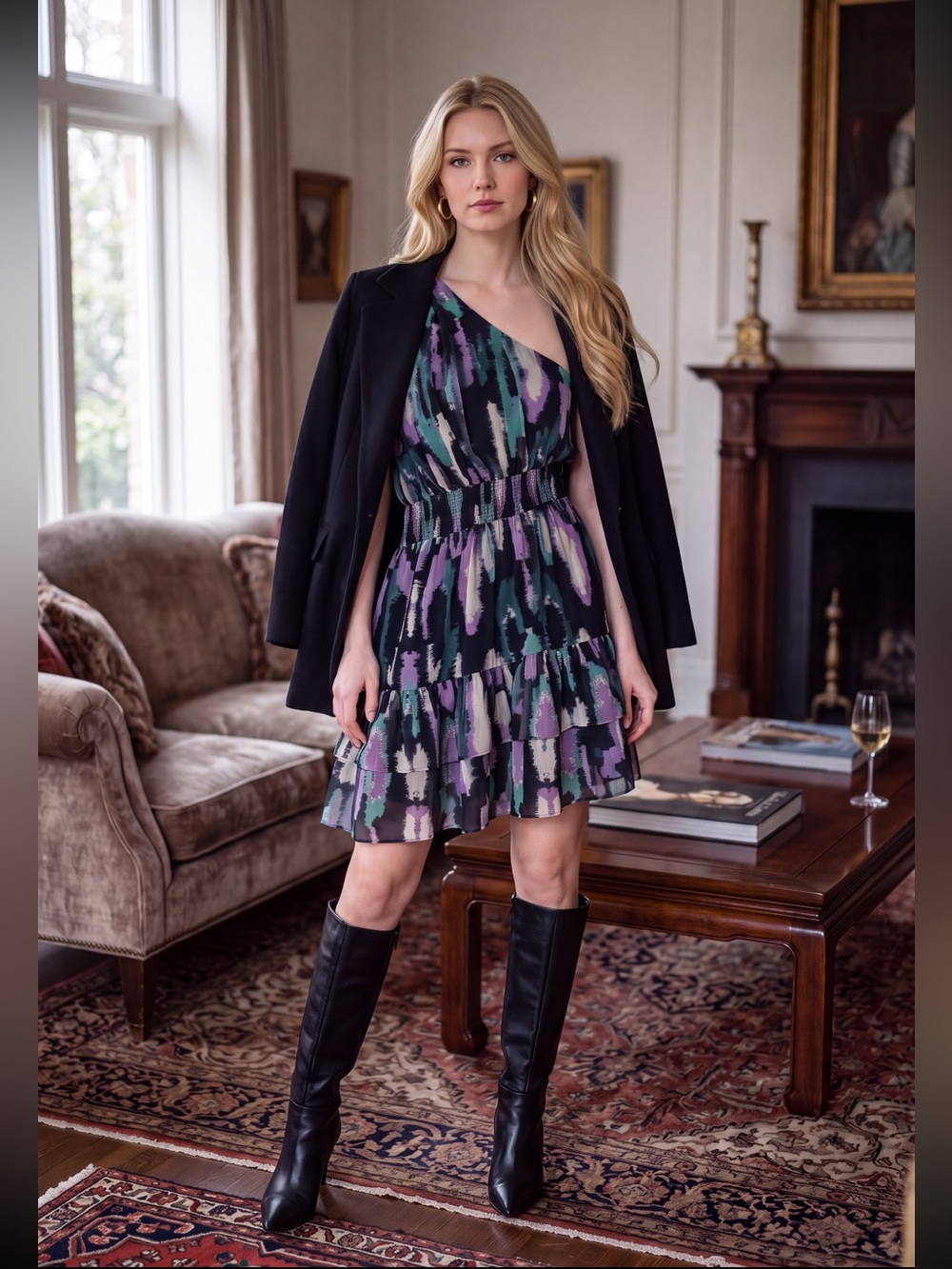Chelsea28 One-Shoulder Tiered Mini Dress in Black, Purple & Green
